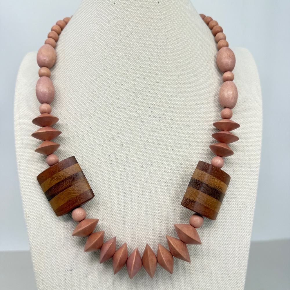Vintage Wooden Bead Statement Necklace Brown Tan Geometric Boho Natural